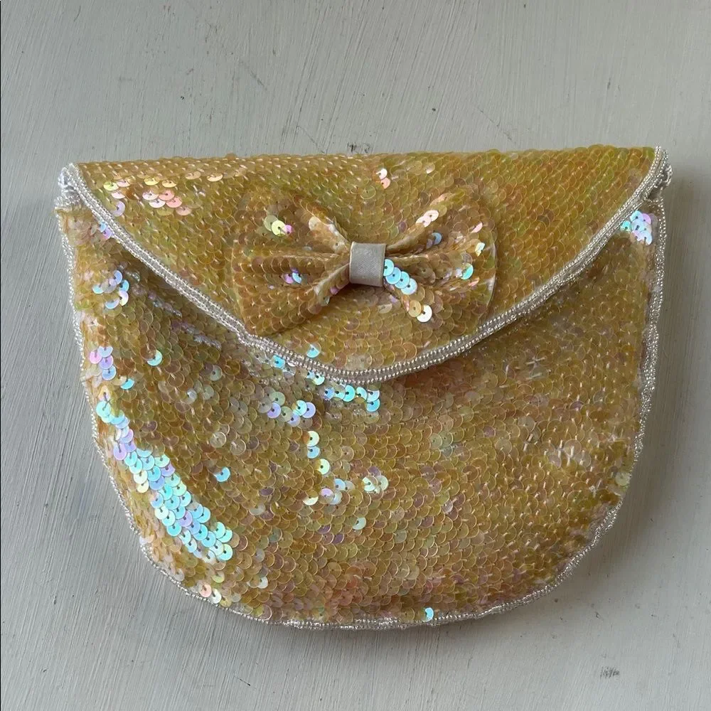 Vintage Shell Kepler Lacy After Noon Iridescent Yellow Sequin Bow Clutch